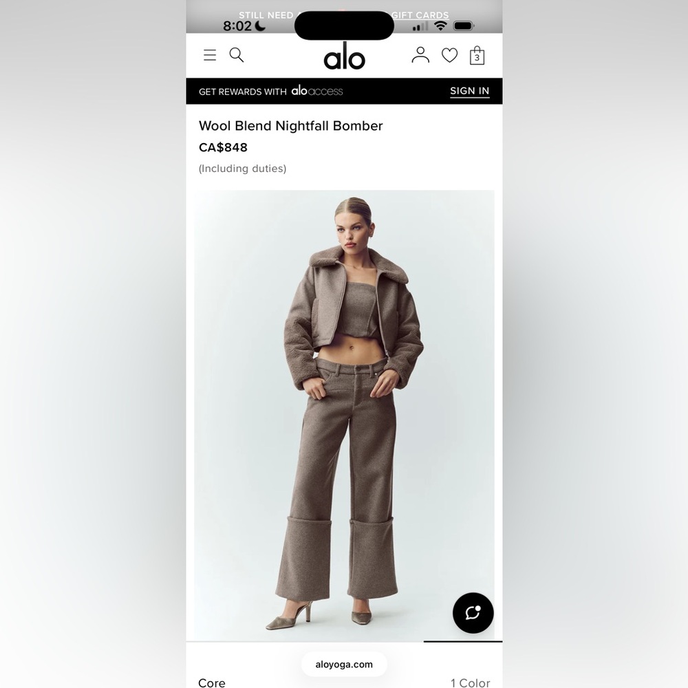 ALO Yoga Wool Blend Nightfall Bomber - Small - Picture 4 of 4